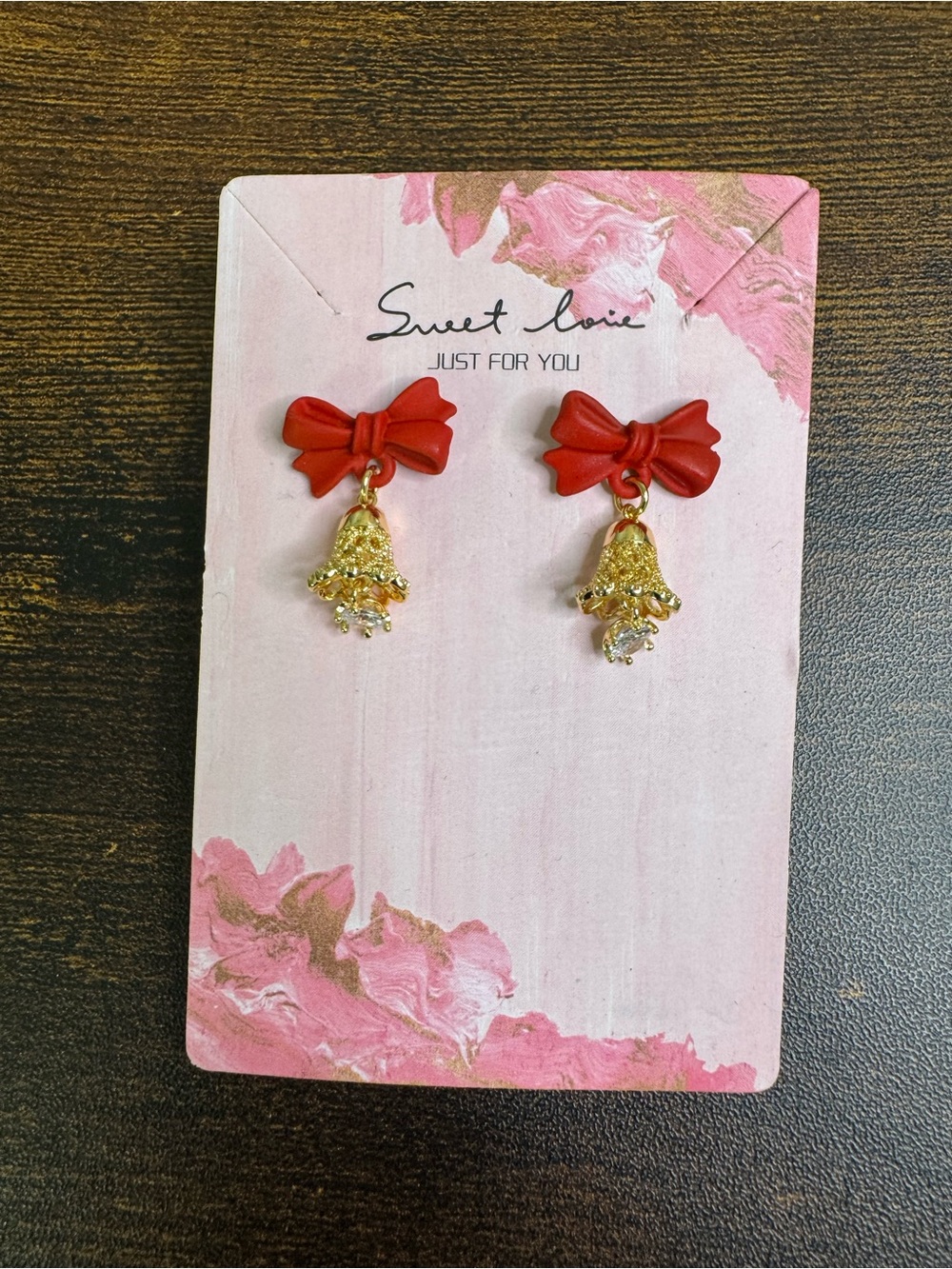 💚4/$20 Hand Crafted Red Bow Earrings with Gold Bell Charms
